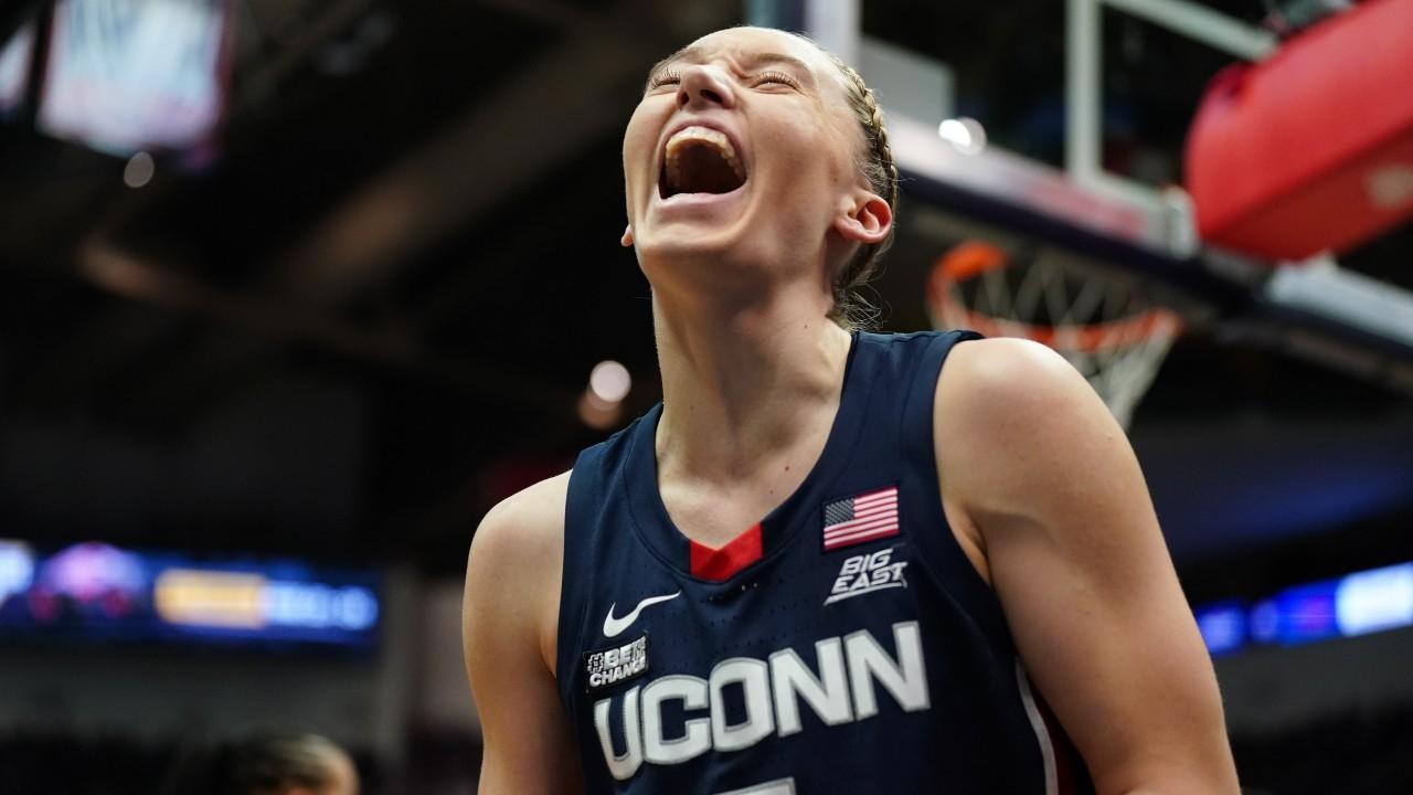 UConn Huskies guard Paige Bueckers (5) reacts after a play. / David Butler II-USA TODAY Sports
