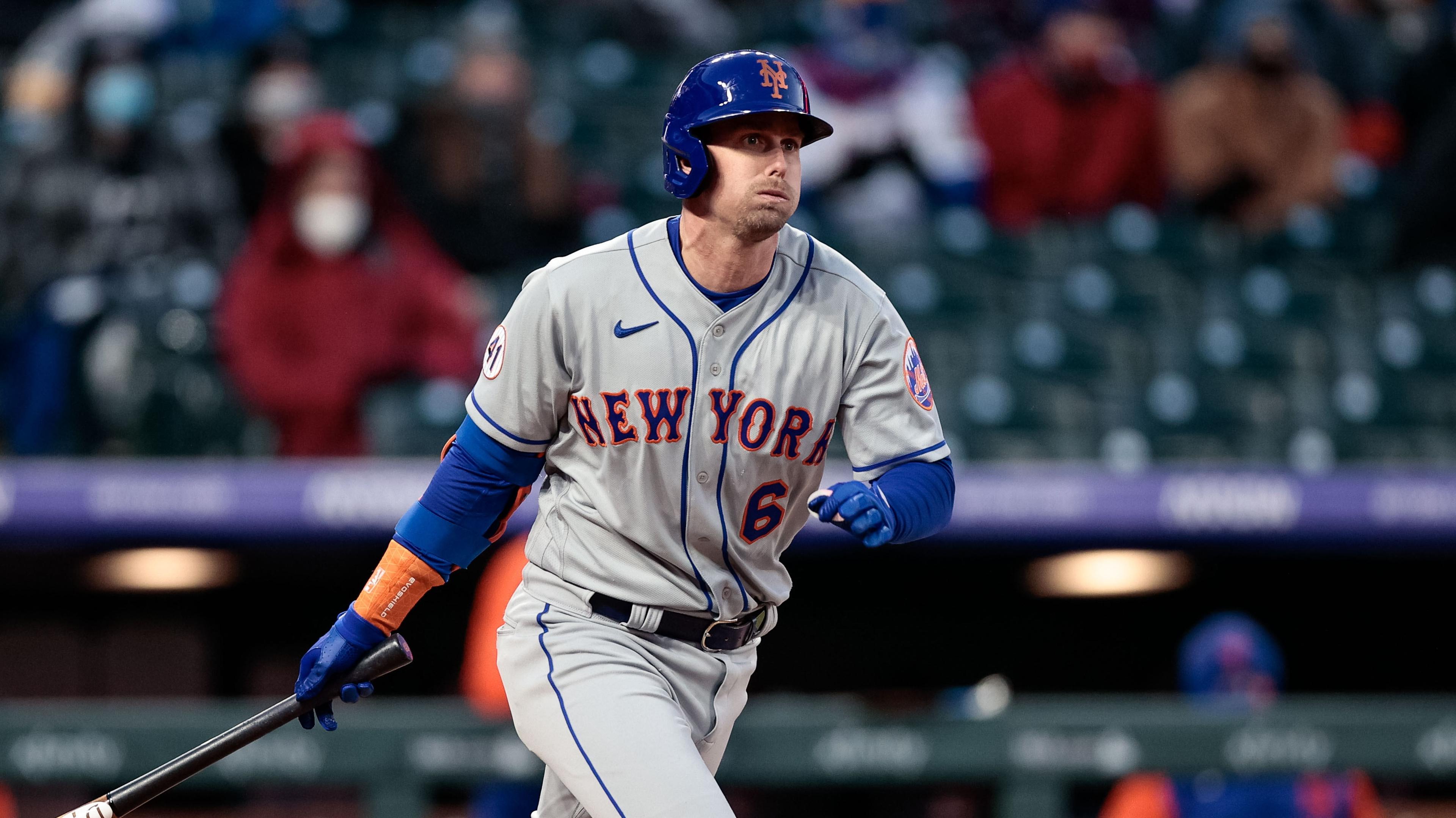 Apr 17, 2021; Denver, Colorado, USA; New York Mets second baseman Jeff McNeil (6) watches his ball on a two RBI double in the fourth inning against the Colorado Rockies at Coors Field. Mandatory Credit: Isaiah J. Downing-USA TODAY Sports / © Isaiah J. Downing-USA TODAY Sports