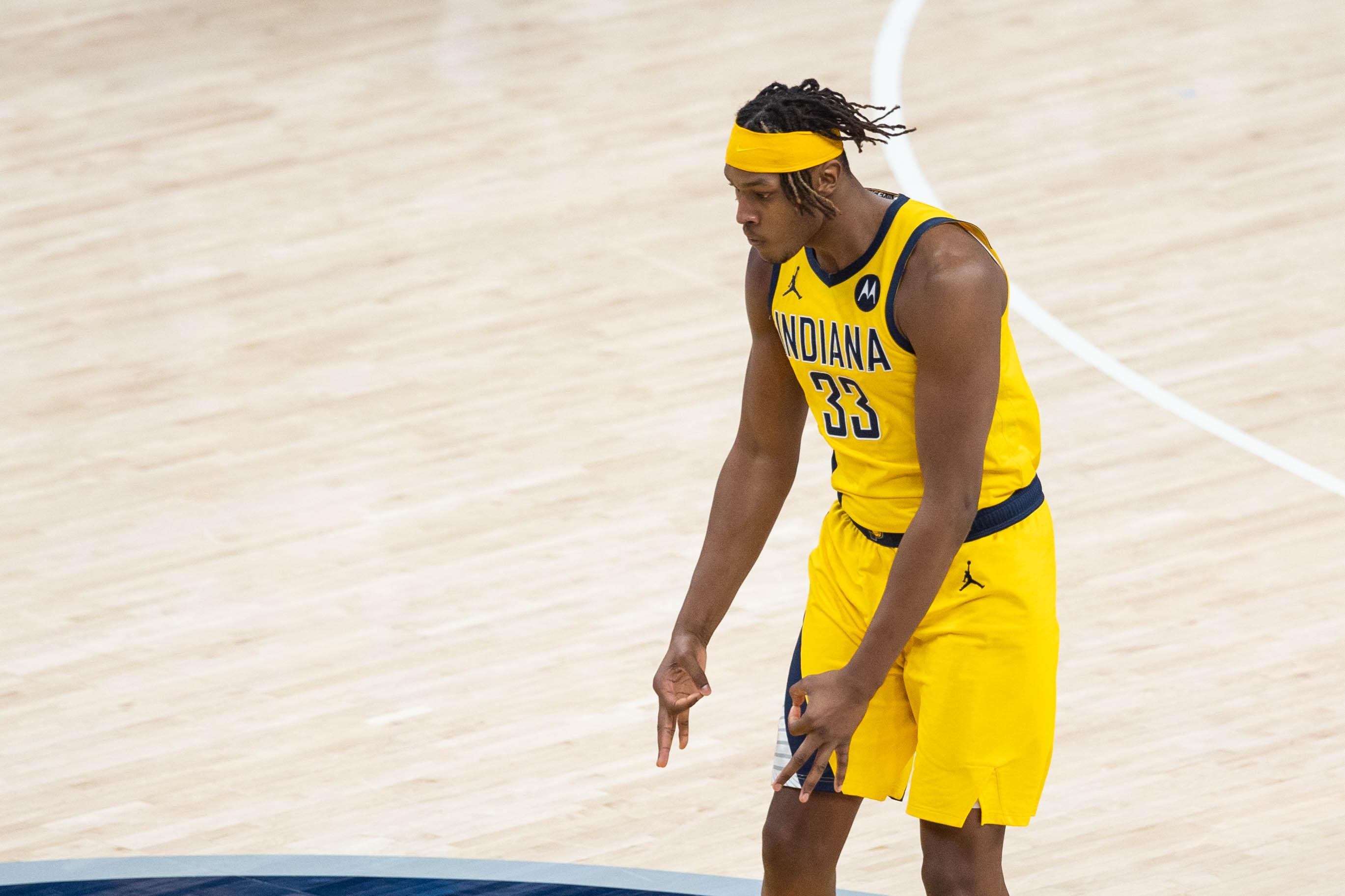 Feb 5, 2021; Indianapolis, Indiana, USA; Indiana Pacers center Myles Turner (33) celebrates a made three point basket in the fourth quarter against the New Orleans Pelicans at Bankers Life Fieldhouse. Mandatory Credit: Trevor Ruszkowski-USA TODAY Sports / Trevor Ruszkowski-USA TODAY Sports