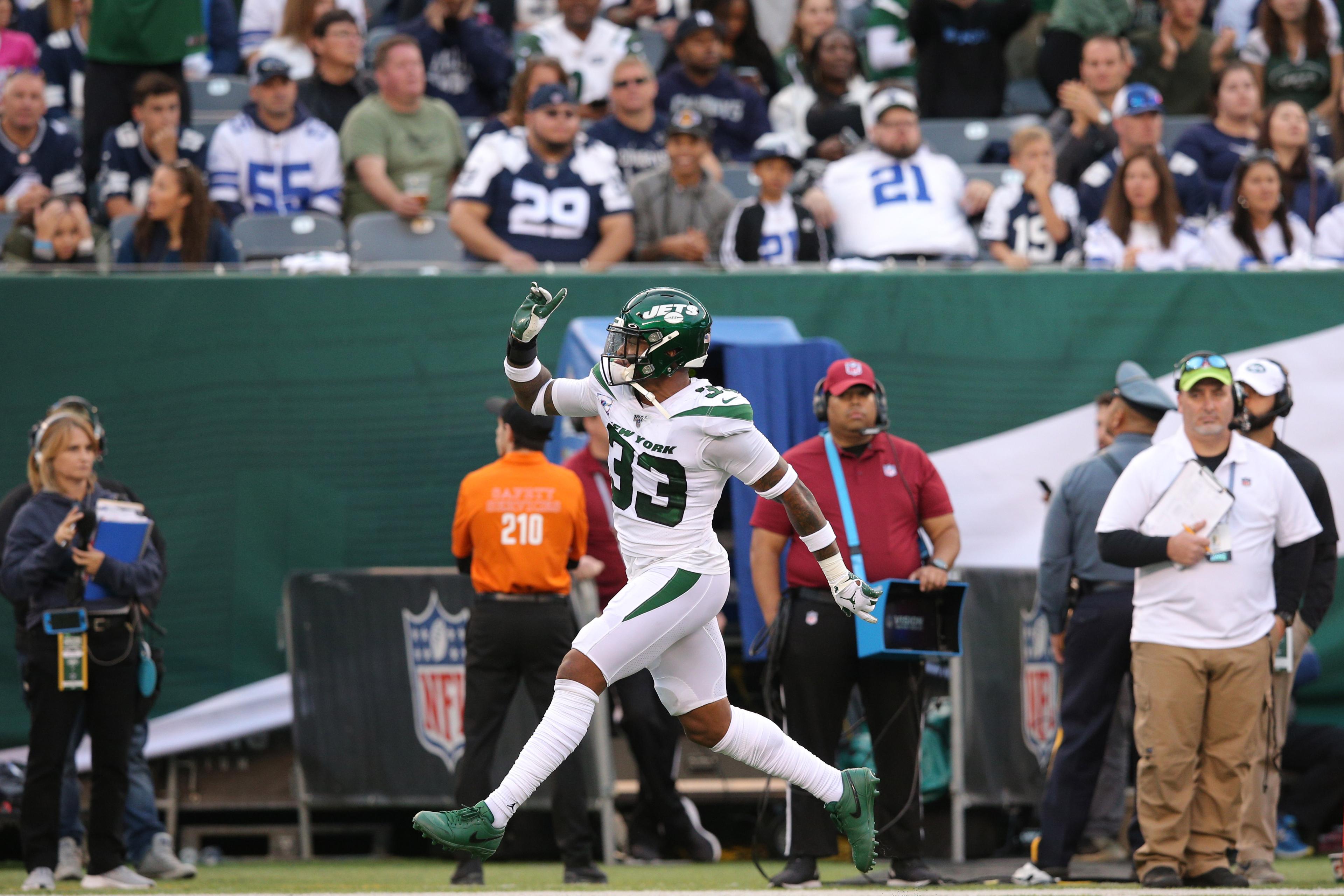 Oct 13, 2019; East Rutherford, NJ, USA; New York Jets safety Jamal Adams (33) reacts during the second quarter against the Dallas Cowboys at MetLife Stadium. Mandatory Credit: Brad Penner-USA TODAY Sports / Brad Penner-USA TODAY Sports