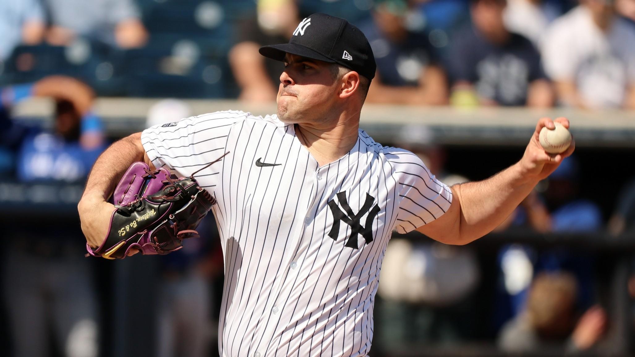 New York Yankees starting pitcher Carlos Rodon (55) throws a pitch during the first inning against the Toronto Blue Jays at George M. Steinbrenner Field. / Kim Klement Neitzel-USA TODAY Sports