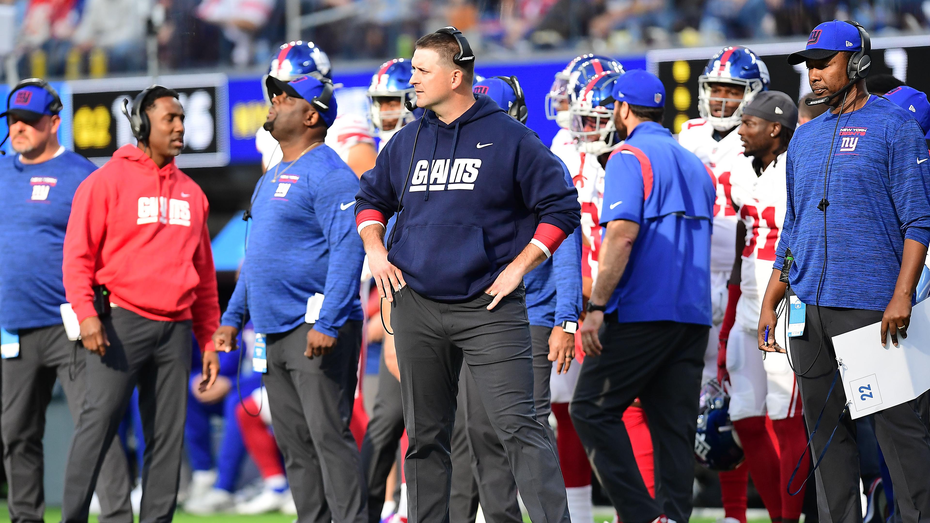 Dec 12, 2021; Inglewood, California, USA; New York Giants head coach Joe Judge watches game action against the Los Angeles Chargers during the first half at SoFi Stadium. / Gary A. Vasquez-USA TODAY Sports