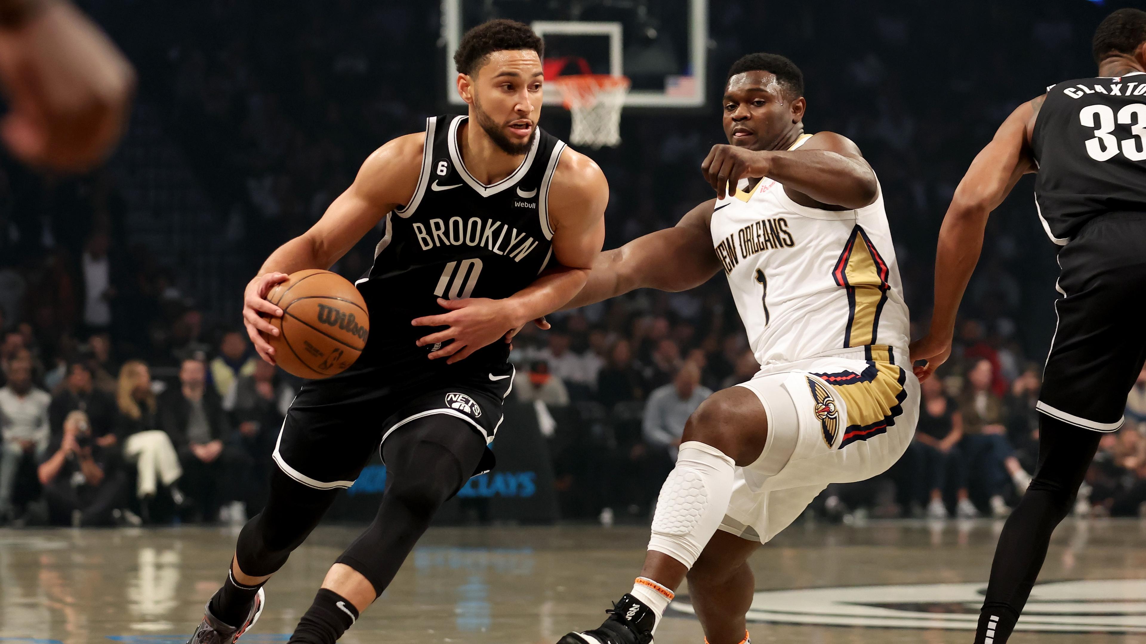 Oct 19, 2022; Brooklyn, New York, USA; Brooklyn Nets guard Ben Simmons (10) controls the ball against New Orleans Pelicans forward Zion Williamson (1) during the first quarter at Barclays Center. Mandatory Credit: Brad Penner-USA TODAY Sports / © Brad Penner-USA TODAY Sports