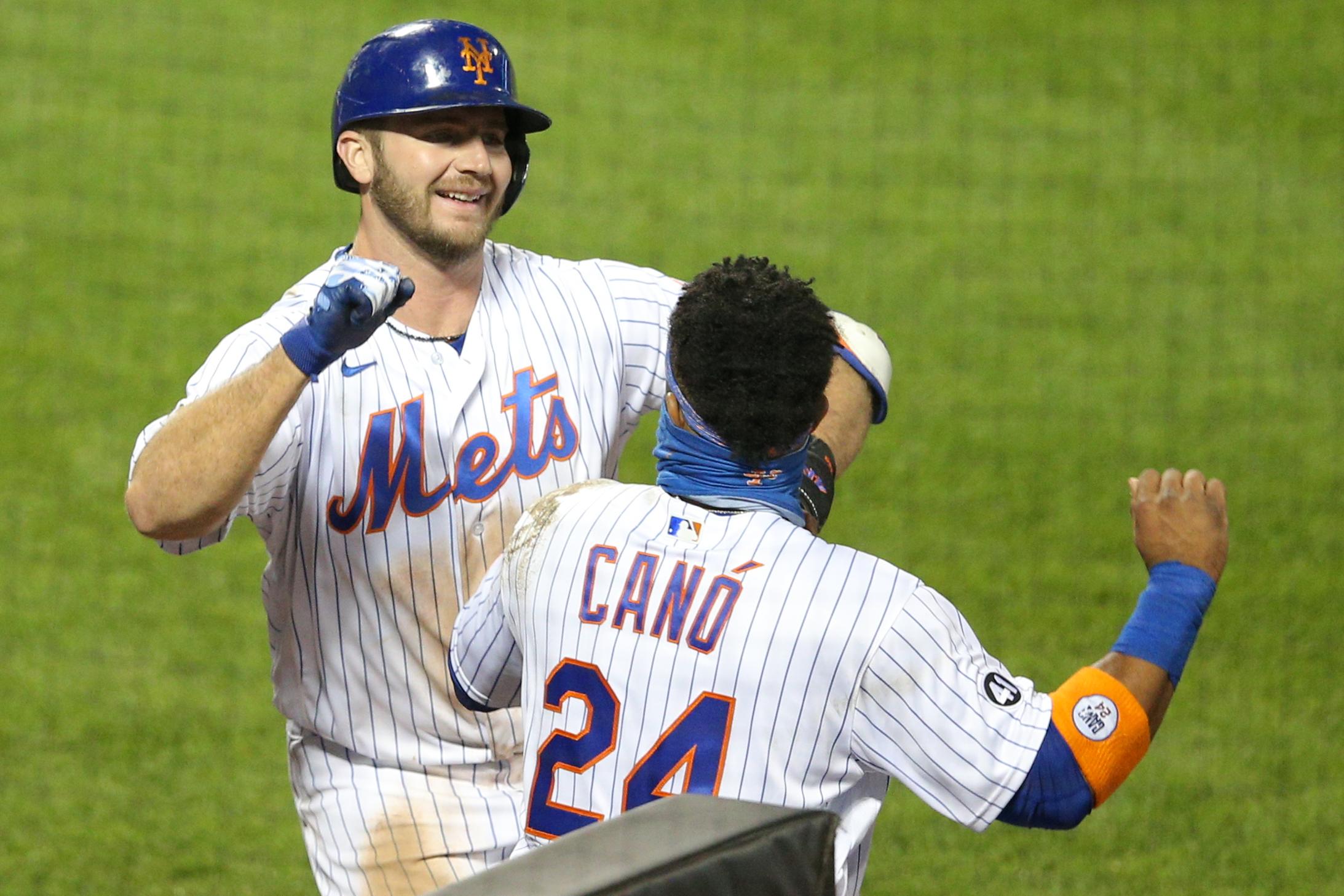 Sep 22, 2020; New York City, New York, USA; New York Mets first baseman Pete Alonso (20) celebrates his solo home run against the Tampa Bay Rays with second baseman Robinson Cano (24) during the fourth inning at Citi Field / Brad Penner-USA TODAY Sports