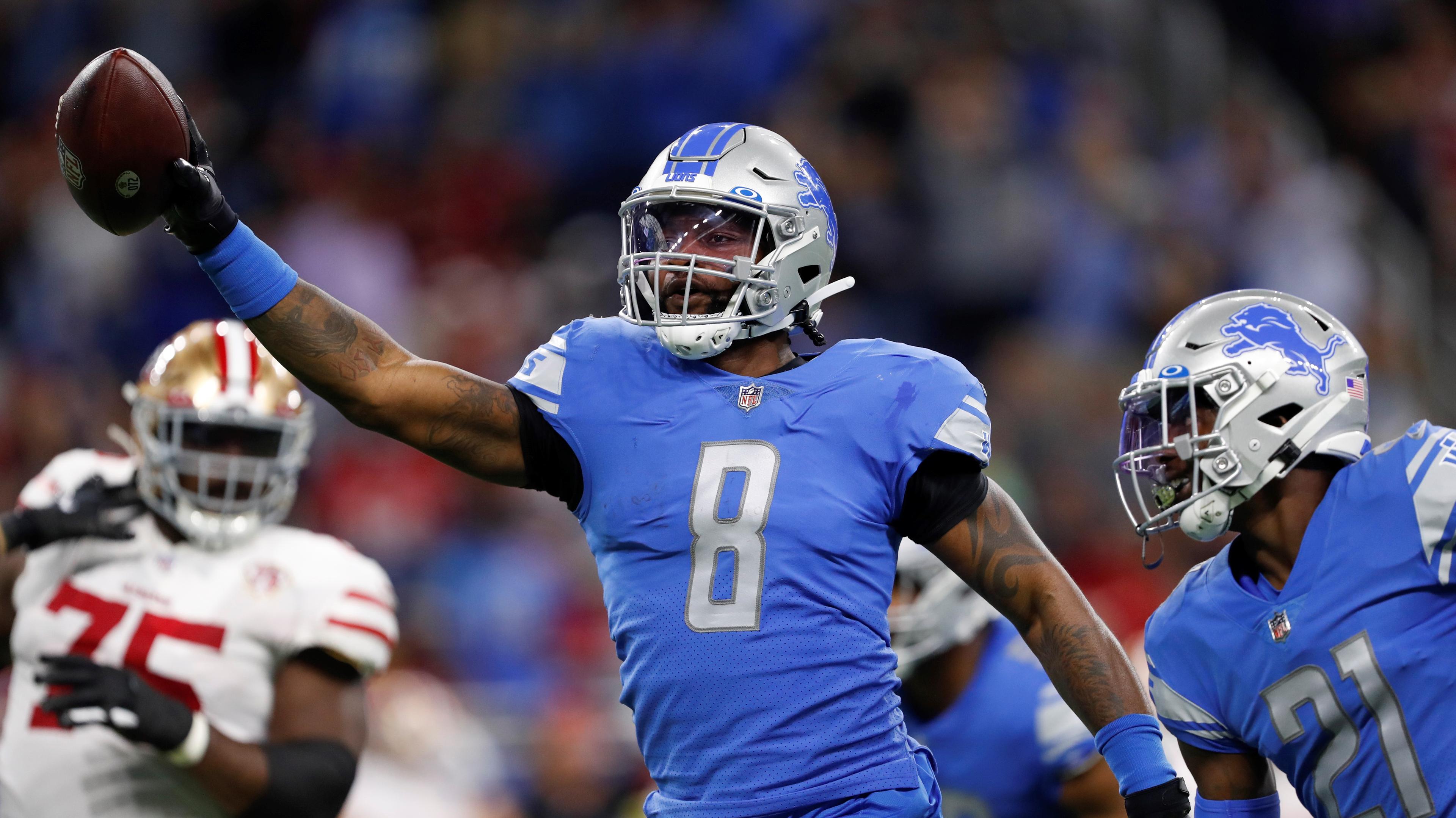 Sep 12, 2021; Detroit, Michigan, USA; Detroit Lions outside linebacker Jamie Collins (8) celebrates after recovering a fumble during the first quarter against the San Francisco 49ers at Ford Field. Mandatory Credit: Raj Mehta-USA TODAY Sports / Raj Mehta-USA TODAY Sports