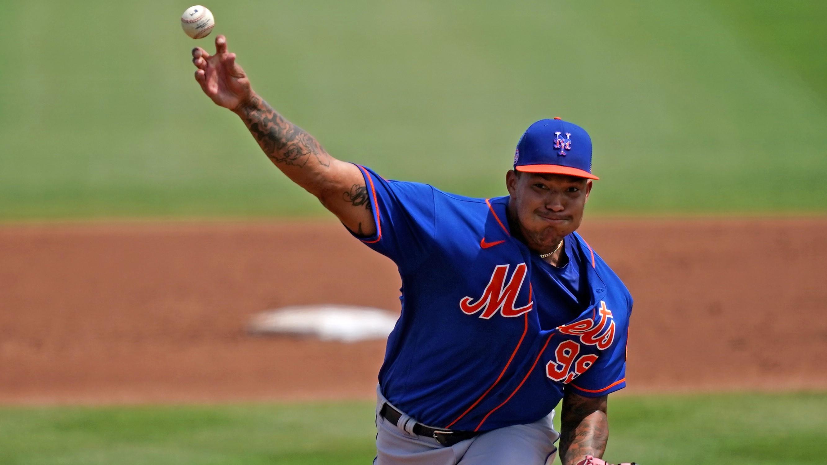 Mar 29, 2021; Jupiter, Florida, USA; New York Mets starting pitcher Taijuan Walker (99) delivers a pitch in the 2nd inning of the spring training game against the St. Louis Cardinals at Roger Dean Chevrolet Stadium / Jasen Vinlove-USA TODAY Sports