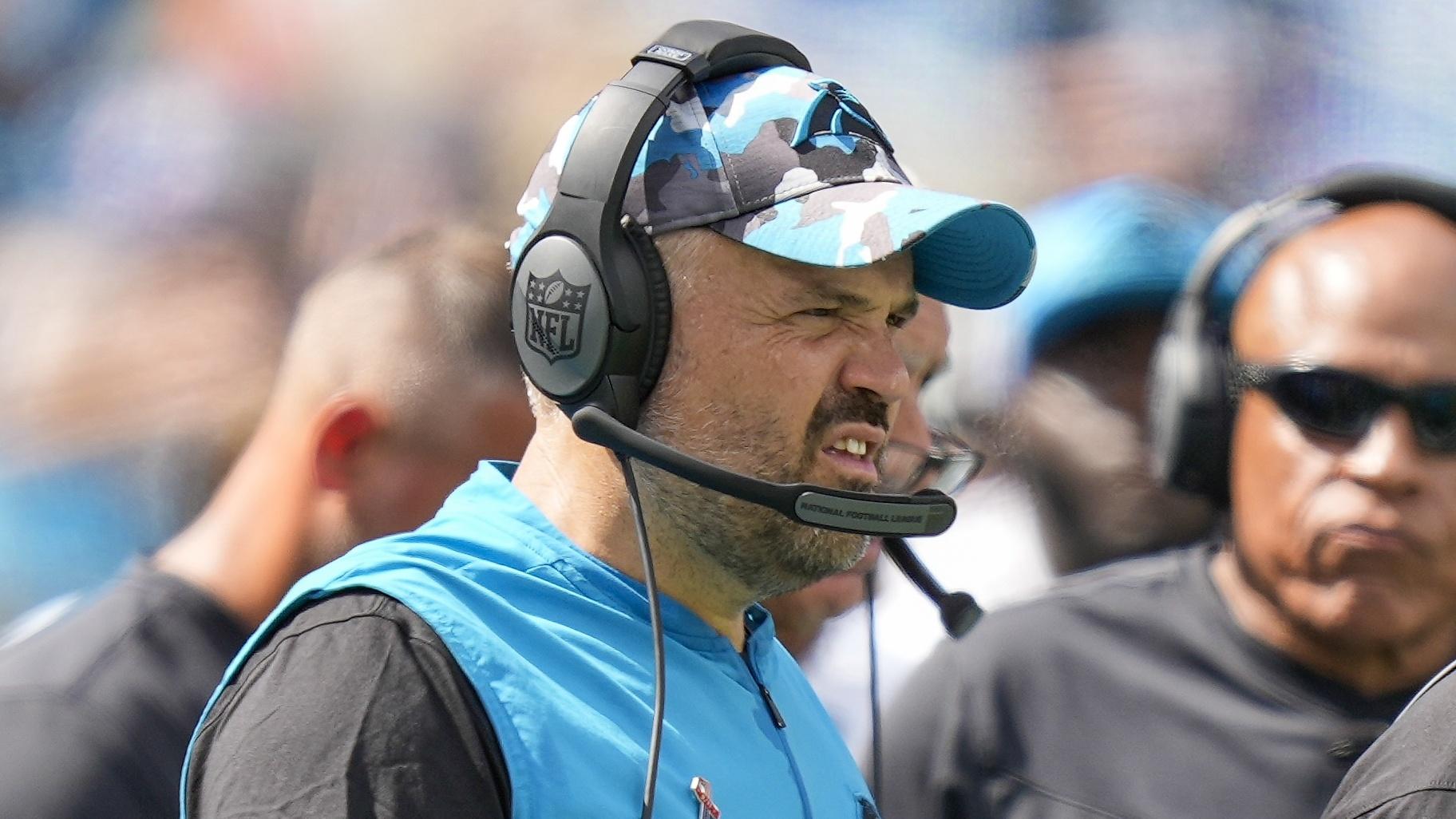 Sep 11, 2022; Charlotte, North Carolina, USA; Carolina Panthers head coach Matt Rhule watches from the sidelines against the Cleveland Browns during the second half at Bank of America Stadium. Mandatory Credit: Jim Dedmon-USA TODAY Sports / © Jim Dedmon-USA TODAY Sports