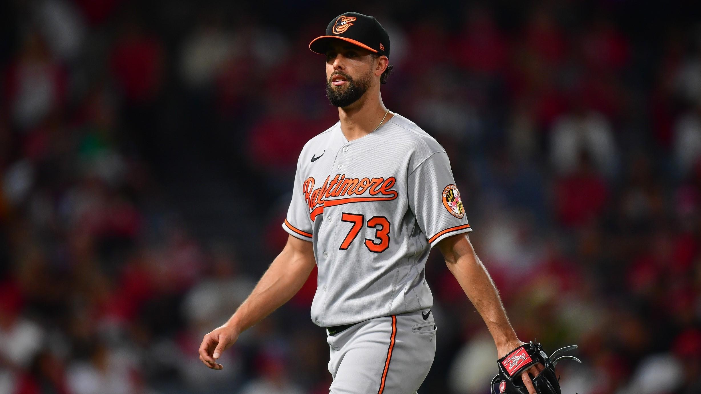 Sep 5, 2023; Anaheim, California, USA; Baltimore Orioles relief pitcher Jorge Lopez (73) is relieved against the Los Angeles Angels during the seventh inning at Angel Stadium. / Gary A. Vasquez-USA TODAY Sports