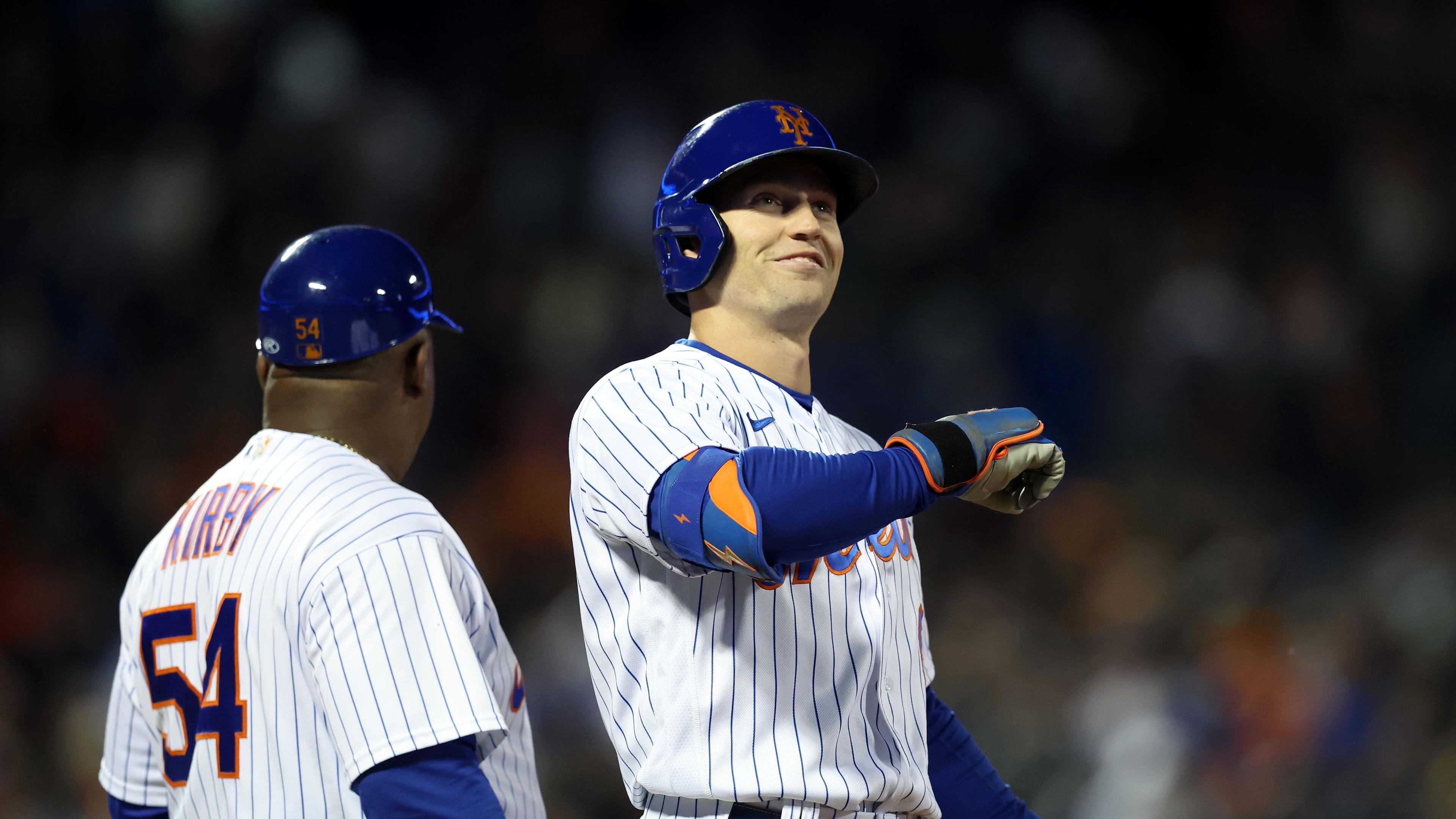 Oct 8, 2022; New York City, New York, USA; New York Mets center fielder Brandon Nimmo (9) reacts after hitting a RBI single in the fourth inning during game two of the Wild Card series against the San Diego Padres for the 2022 MLB Playoffs at Citi Field. Mandatory Credit: Brad Penner-USA TODAY Sports / © Brad Penner-USA TODAY Sports