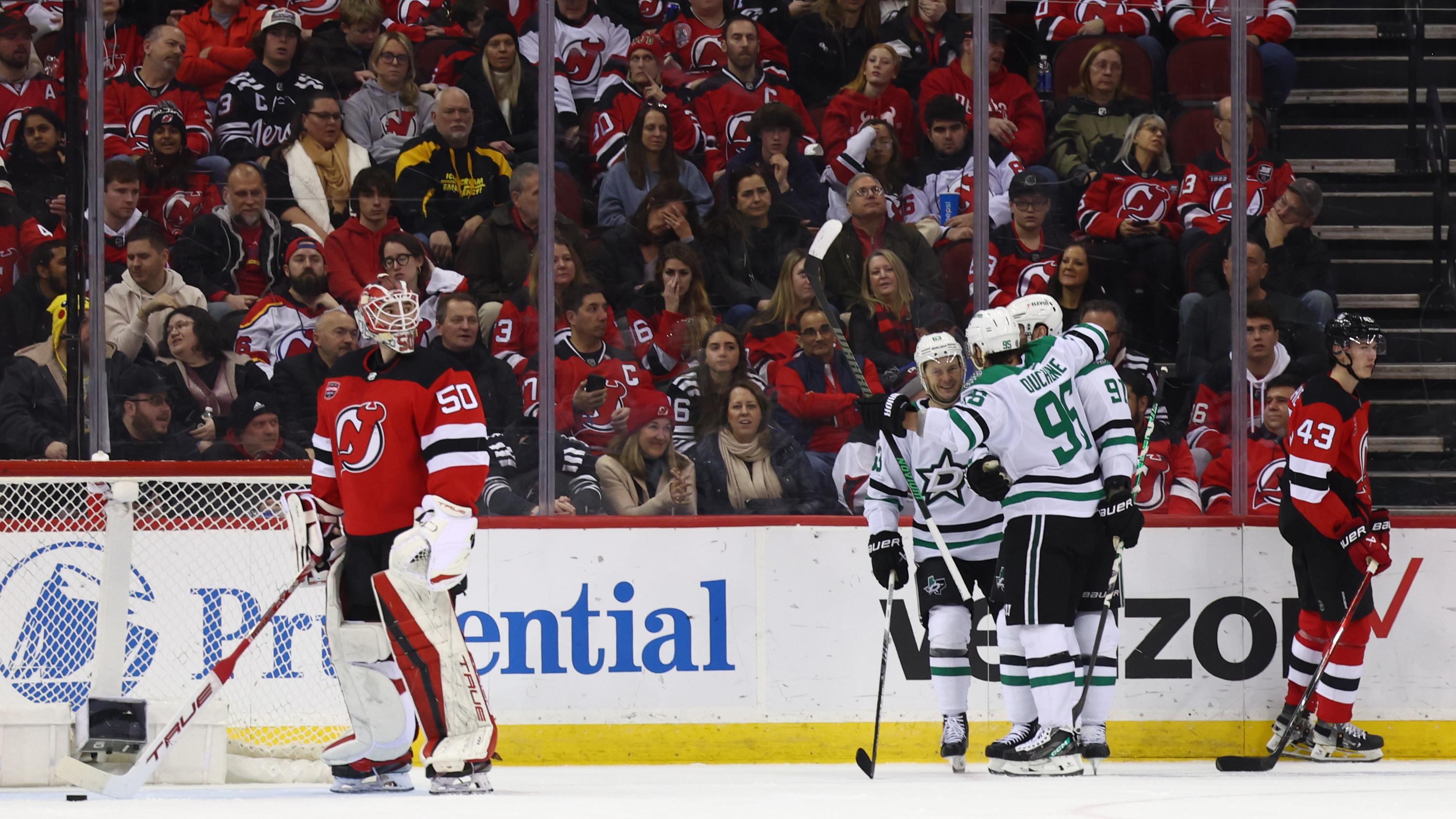 Dallas Stars center Matt Duchene (95) celebrates his goal against the New Jersey Devils during the second period at Prudential Center. / Ed Mulholland-USA TODAY Sports