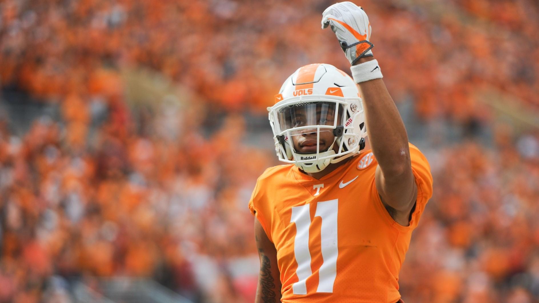 Tennessee wide receiver Jalin Hyatt (11) celebrates during a game between Tennessee and Alabama in Neyland Stadium, on Saturday, Oct. 15, 2022. / Jamar Coach/News Sentinel / USA TODAY NETWORK