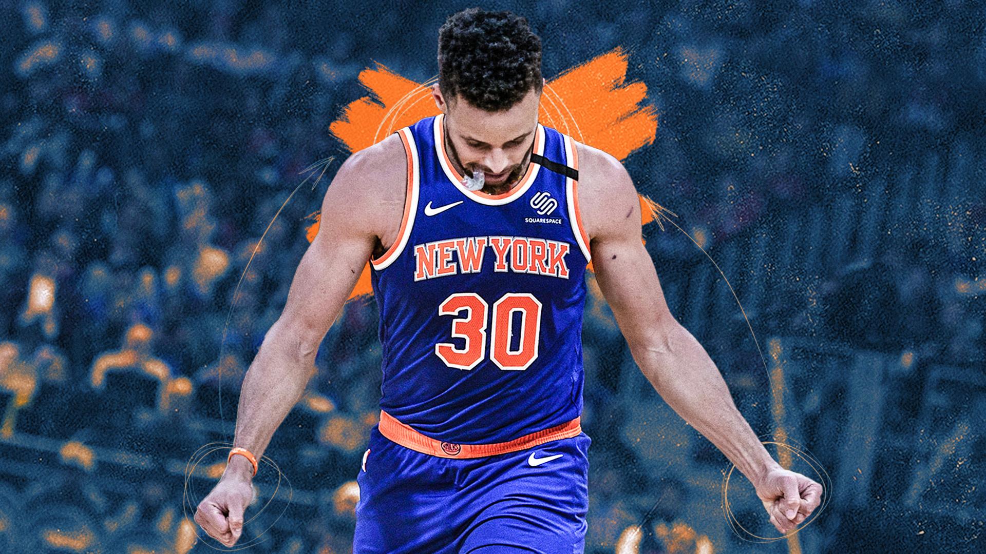 Steph Curry in a (gasp) Knicks jersey. / SNY Treated Image