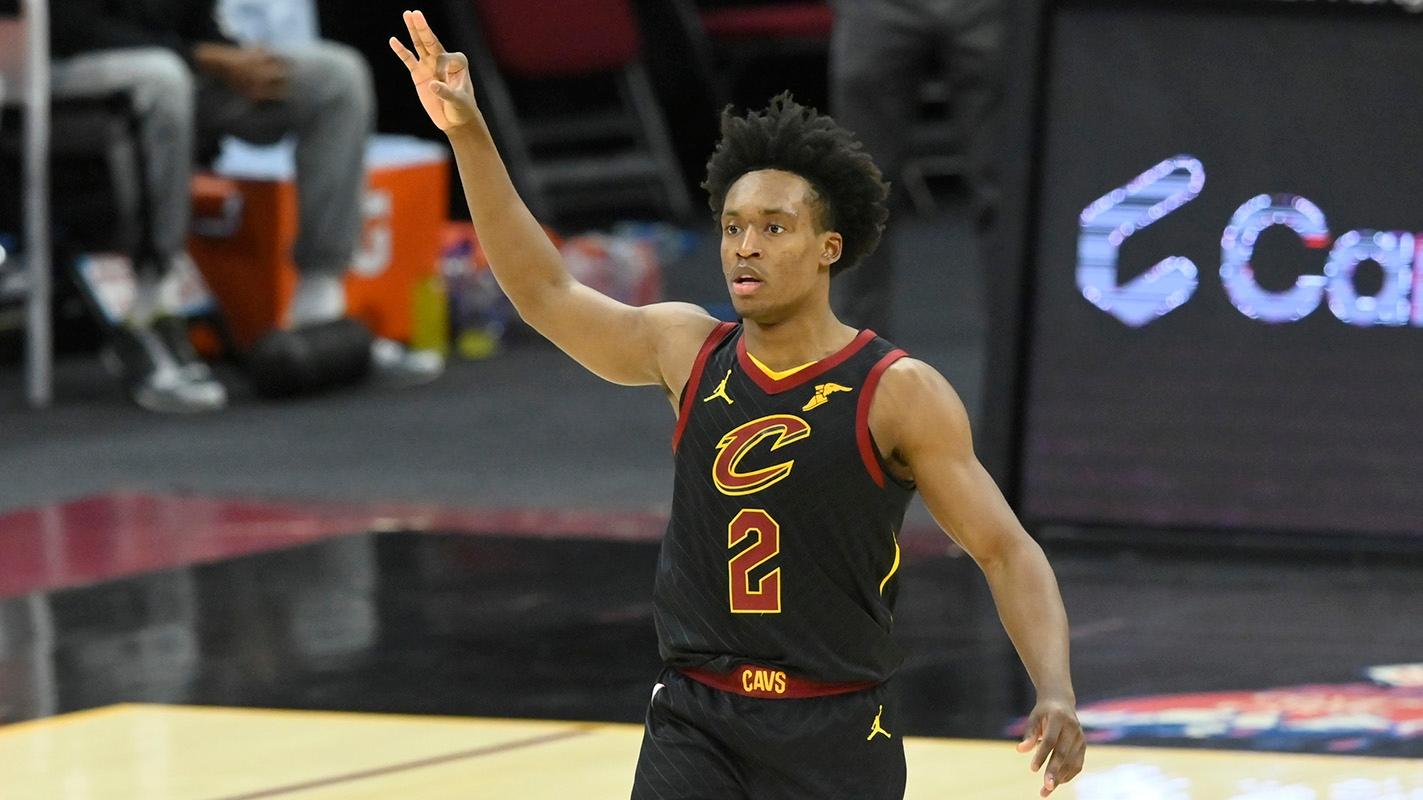 May 12, 2021; Cleveland, Ohio, USA; Cleveland Cavaliers guard Collin Sexton (2) celebrates his three-point basket in the fourth quarter against the Boston Celtics at Rocket Mortgage FieldHouse. / David Richard-USA TODAY Sports